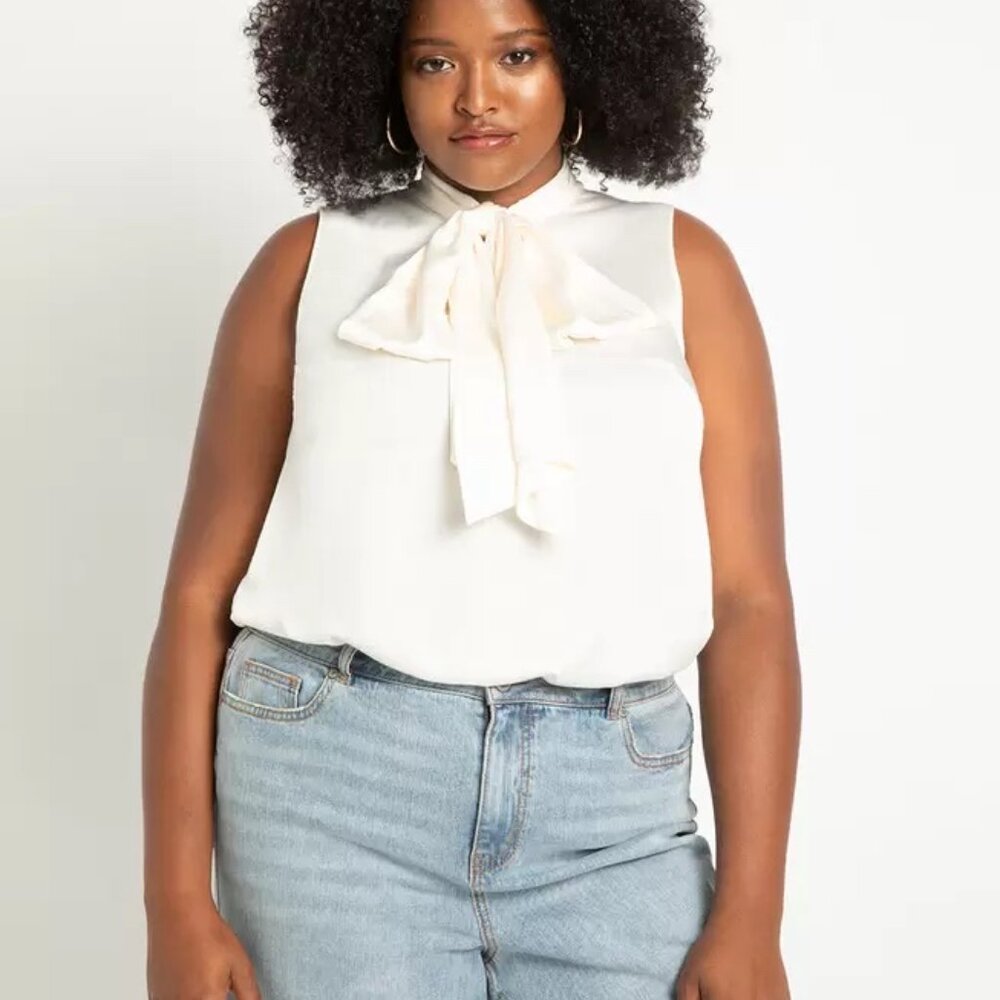 Sleeveless Satin Bow Blouse